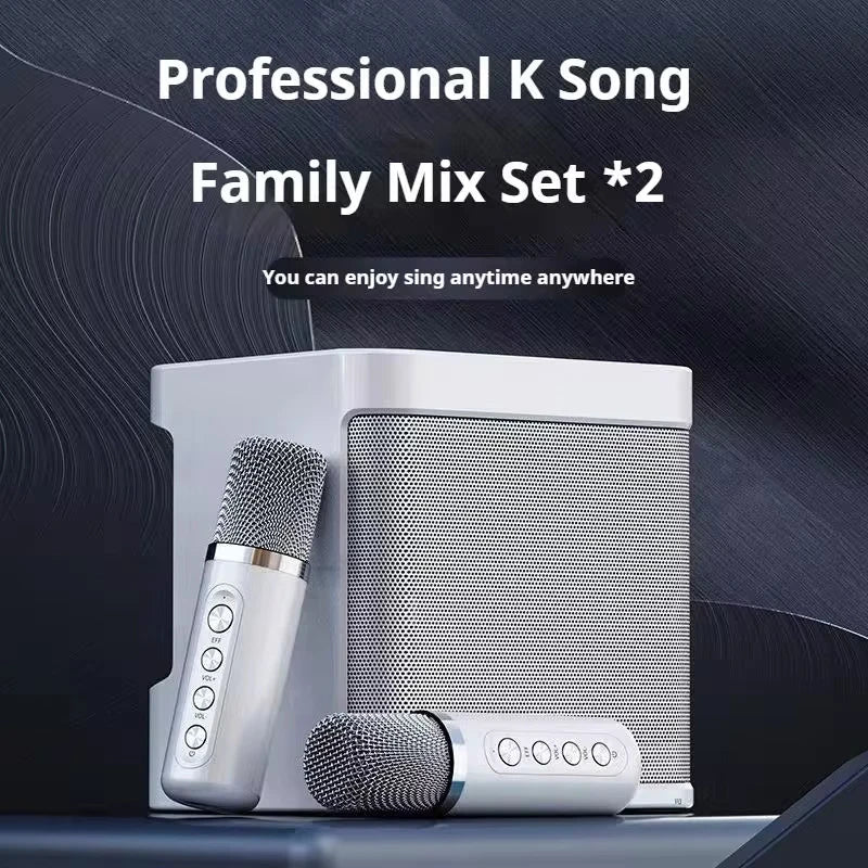 White portable karaoke speaker with two microphones