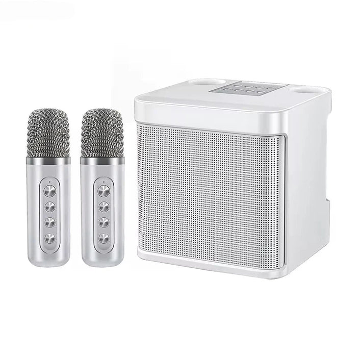 Altavoz portátil de karaoke con dos micrófonos, blanco