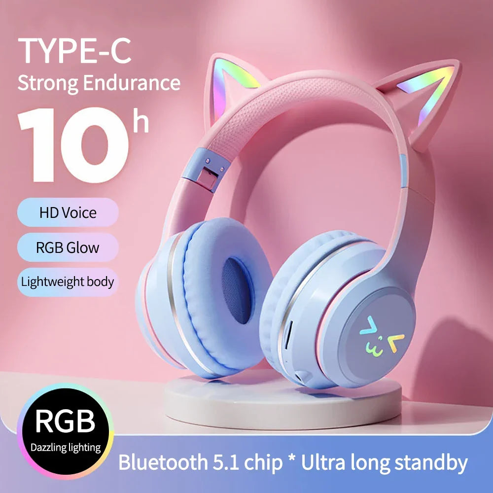 Casque Bluetooth à oreilles de chat, bleu