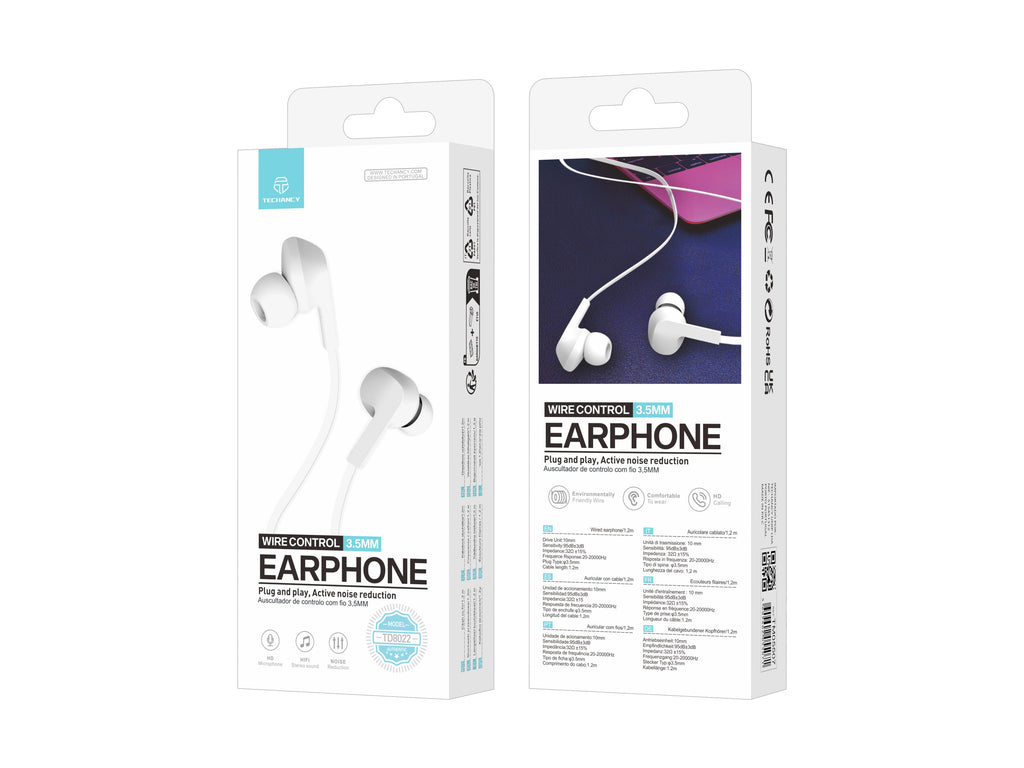 Techancy Auricular Com Fios Branco TD8022 , Microfone Integrado, 3,5 Mm, Compatível Com Smartphones E Tablets-3