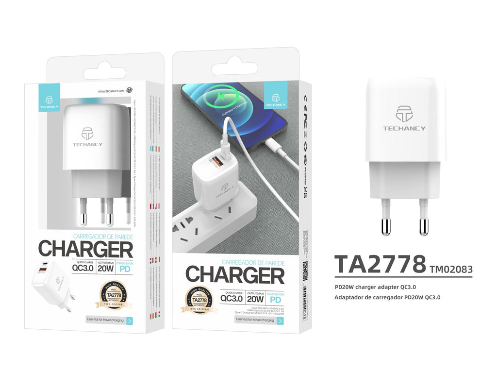 Witte Techancy TA2801 oplader van 20 W met PD-snel opladen en QC 3.0