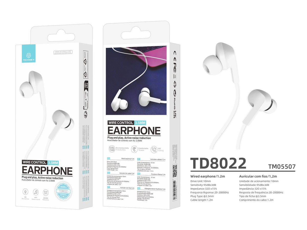 Techancy Auricular Com Fios Branco TD8022 , Microfone Integrado, 3,5 Mm, Compatível Com Smartphones E Tablets-4