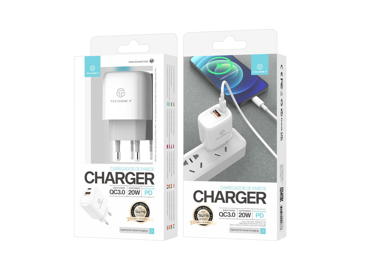 Chargeur blanc Techancy TA2801 de 20 W à charge rapide PD et QC 3.0