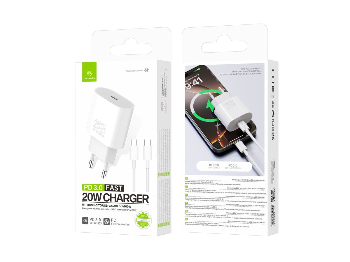 Chargeur USB-C Techancy TA2824 PD 3.0 de 20 W avec câble USB-C