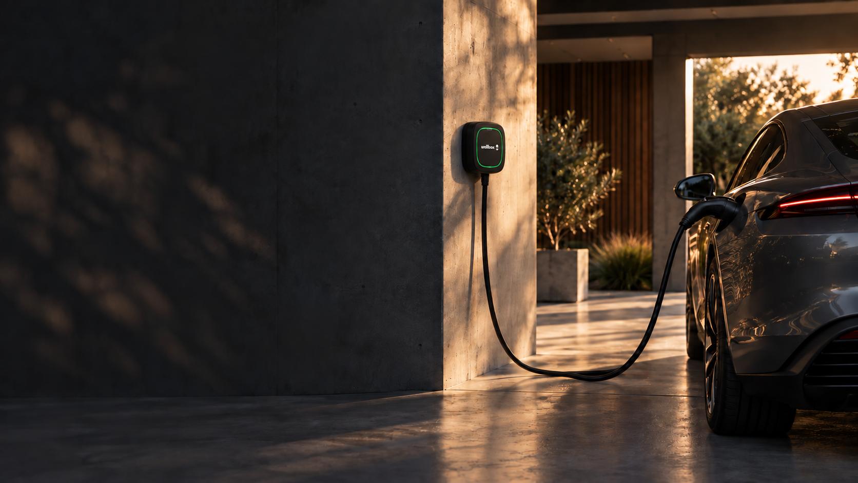 Coche eléctrico conectado a un cargador mural para recargar su batería en un garaje contemporáneo